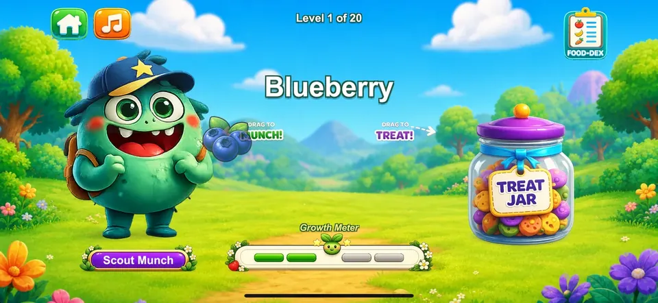 Feeding blueberries to Munch in gameplay