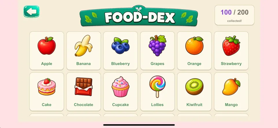The Food-Dex collection with 100 of 200 foods unlocked